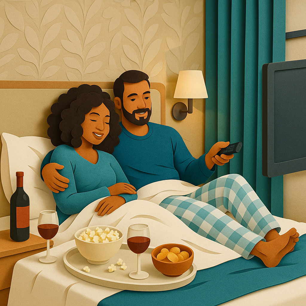 A couple in their pajamas snuggle in their hotel bed, with red wine, popcorn and other snacks, with the man holding a remote as they prepare to watch a movie