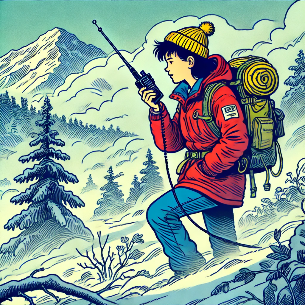 A woman talks on a two-way radio in the snowy wilderness