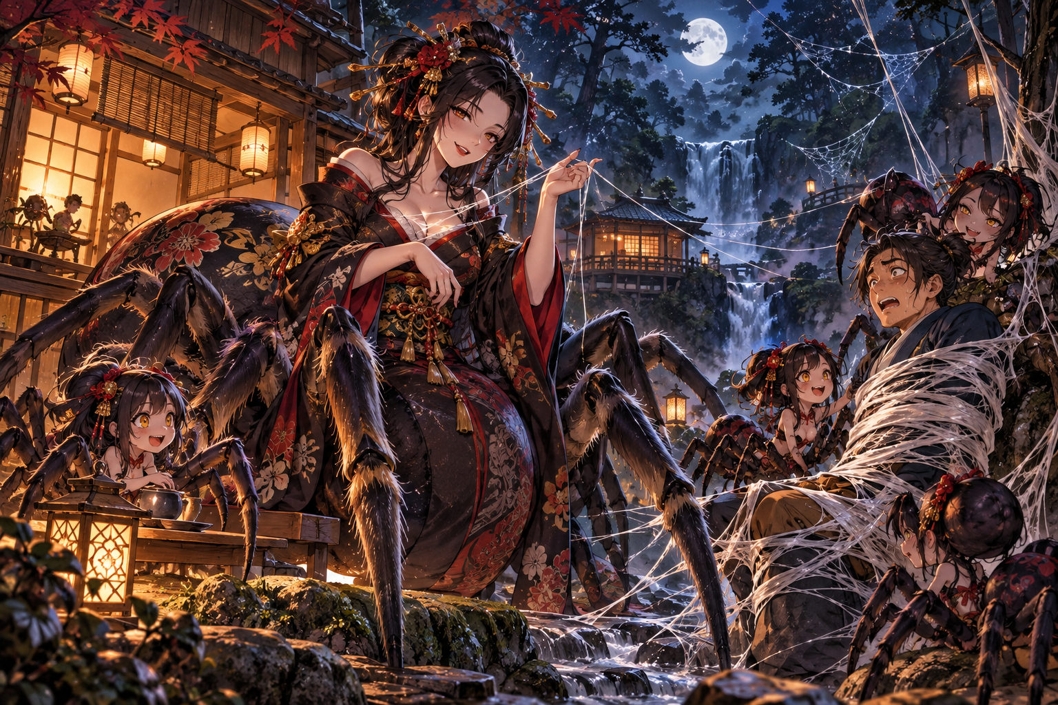 A jorogumo, a spider woman, has her minions wrap a frightened man up in webbing