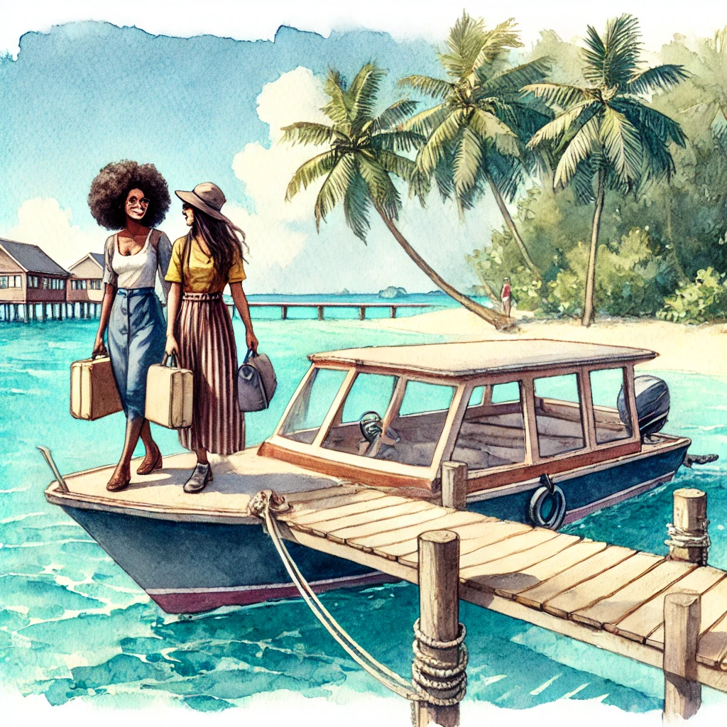 Two women hold suitcases on the bow of a small boat at a dock in Nauru