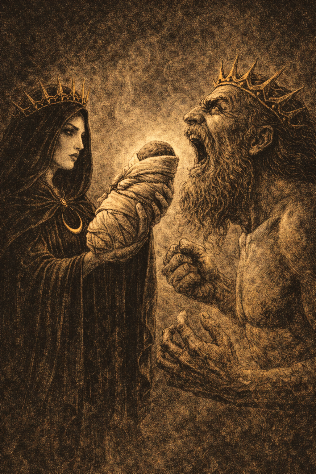 The titan Hecate offers Kronos a swaddled rock instead of the baby Zeus to swallow