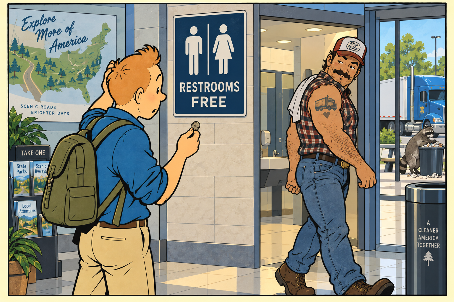 A big trucker checks out a tourist holding a coin in front of public restrooms