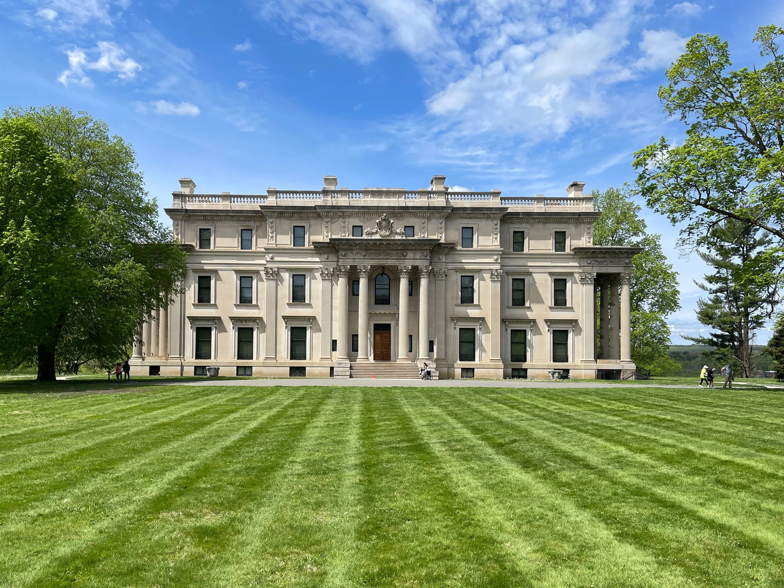 Facade of the Vanderbilt Mansion in Hyde Park, New York, with immense lawn out front