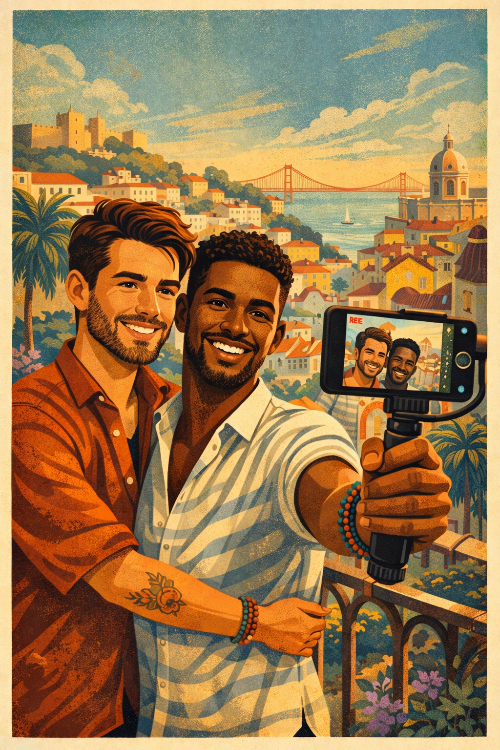 A gay couple take a video of themselves in Lisbon, Portugal
