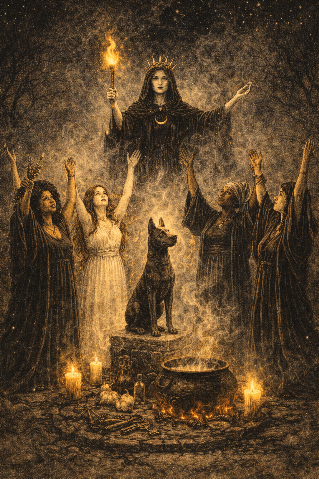 A group of witches perform a ritual by a statue of a dog, cauldron, keys, garlic and candles to invoke the goddess Hecate