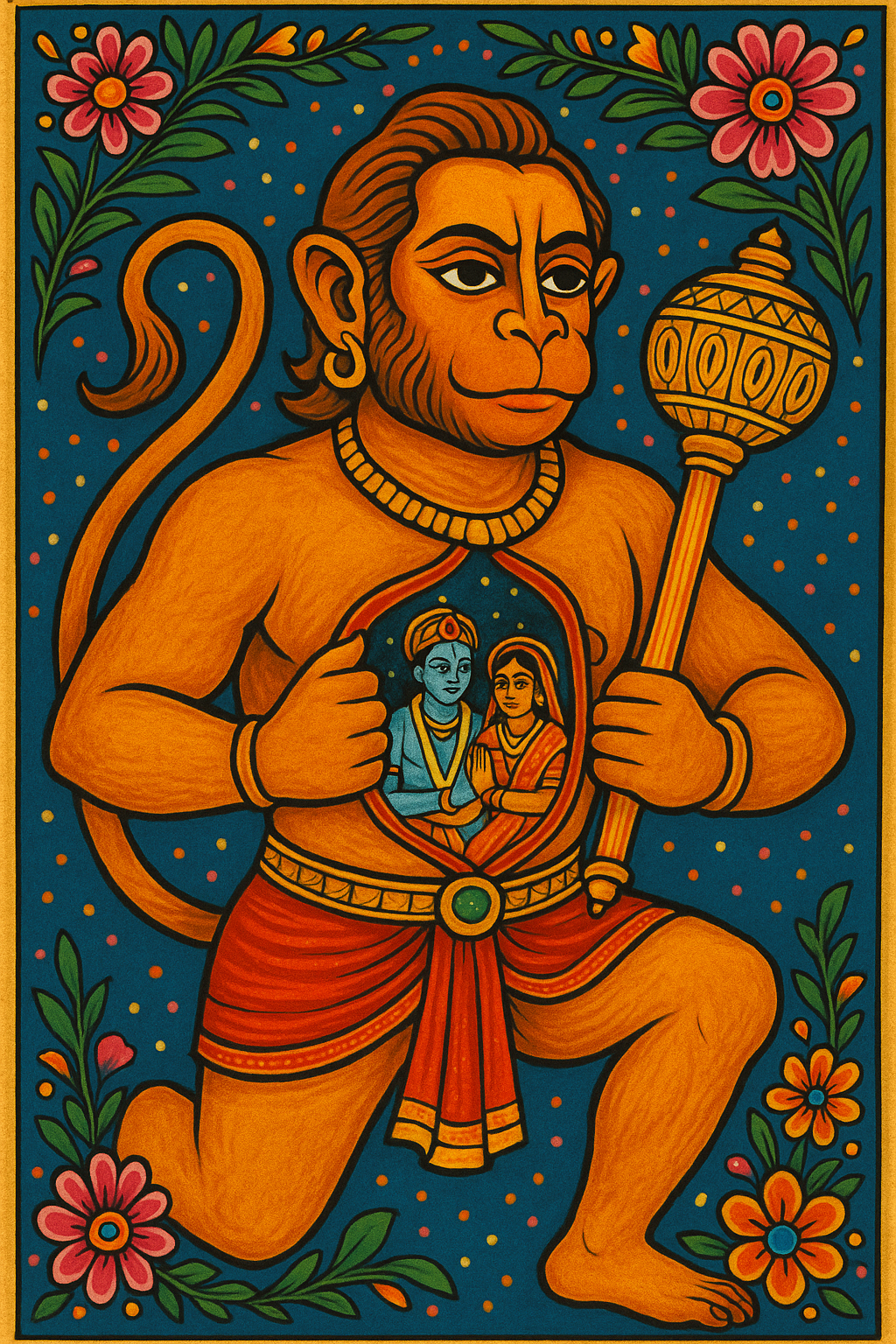 Hanuman, the Hindu monkey god, holding a mace and opening his chest to reveal Rama and Sita