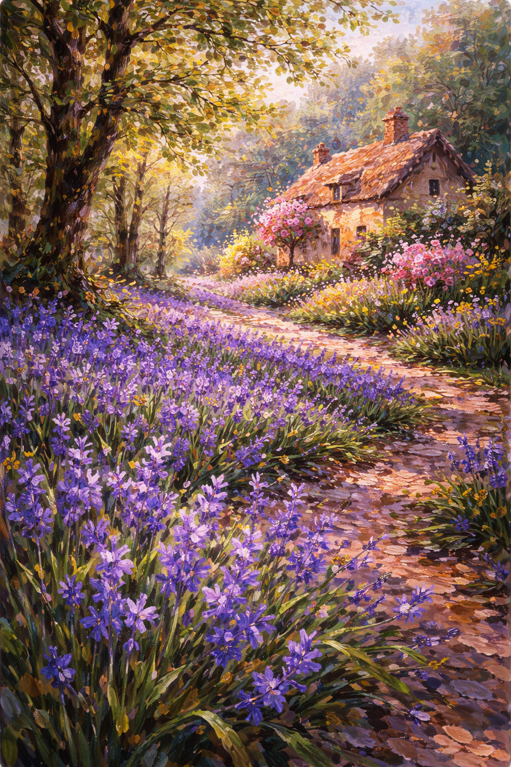 Bluebells grow along a path leading to a cottage in the English countryside