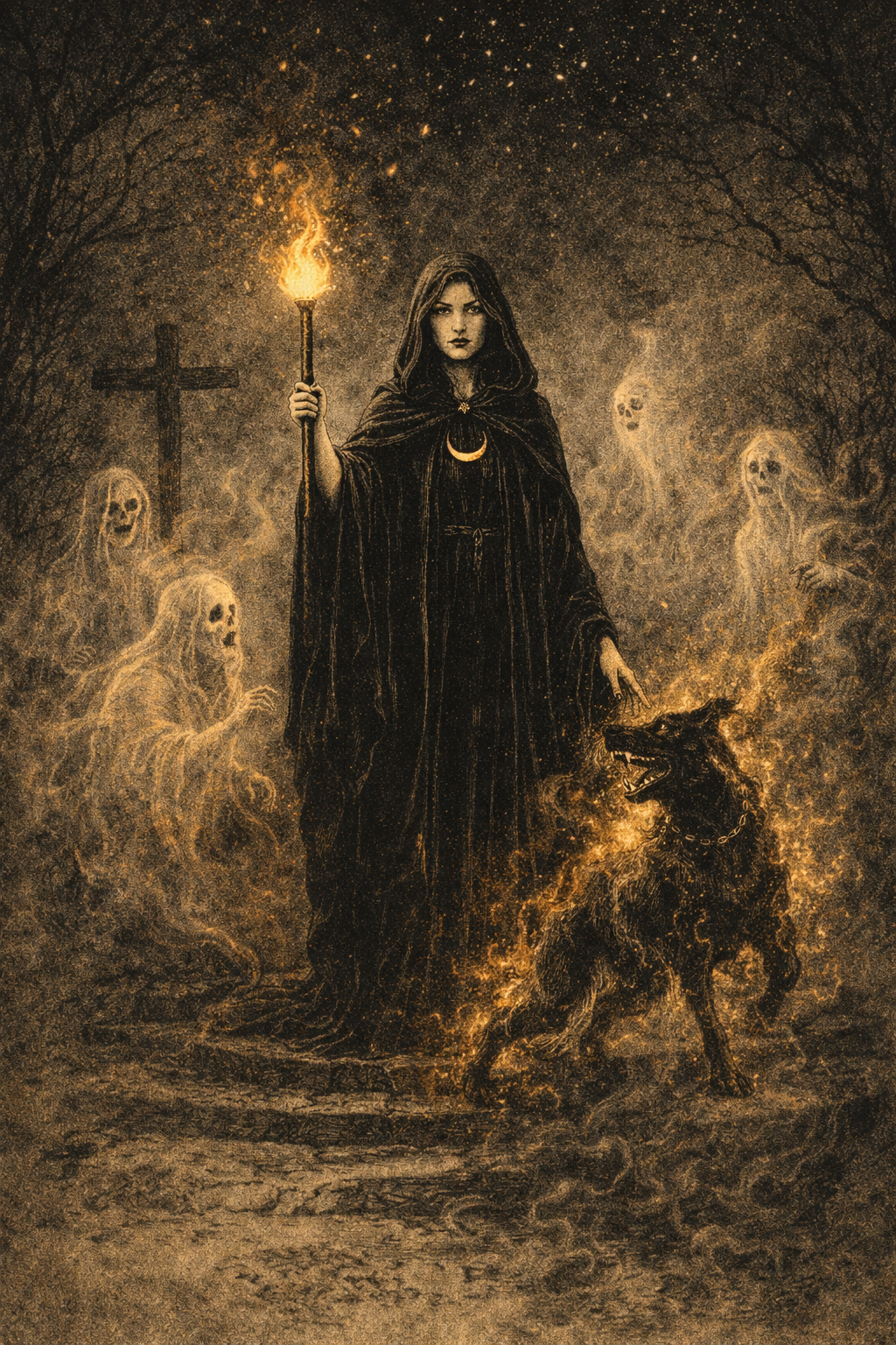 The goddess Hecate, with a flaming black dog, surrounded by ghosts, in her role as Queen of Ghosts and the Dead