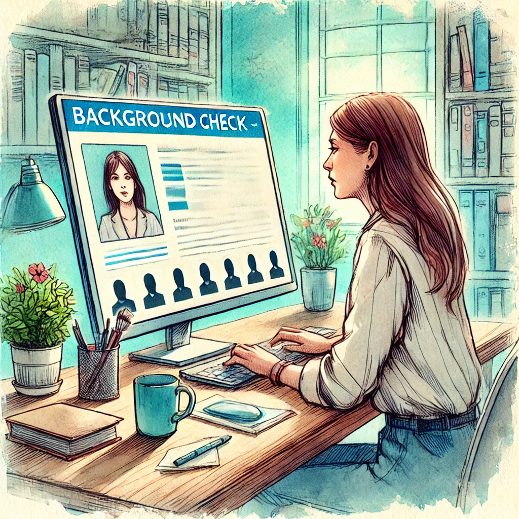 A woman sits at a desk doing a background check on another woman