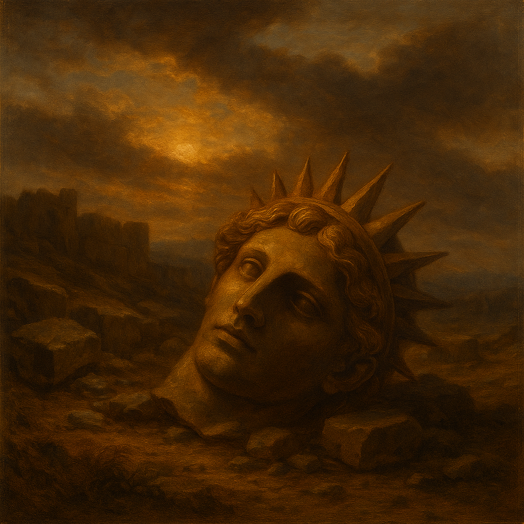 The head of the Colossus of Rhodes has fallen off and lies on the ground