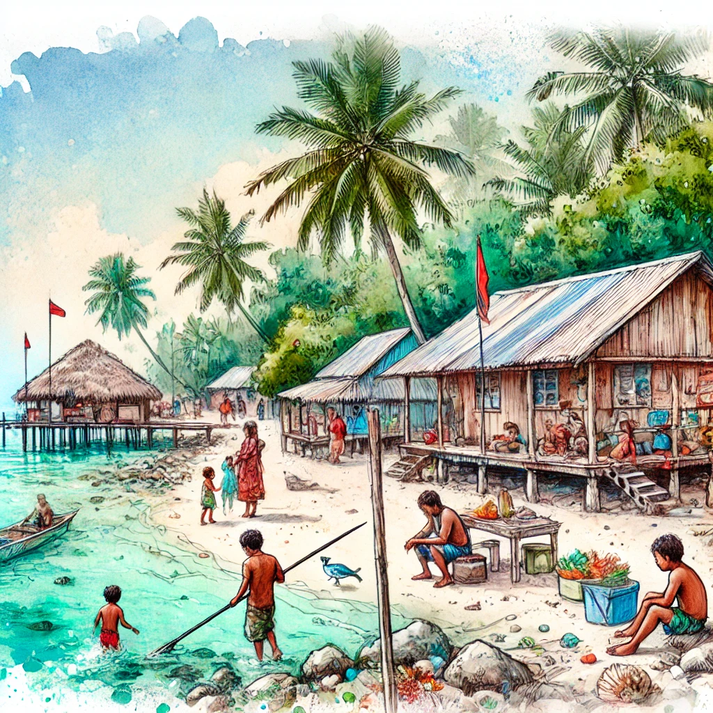 Island life with people fishing, beach huts and preparing food on Nauru