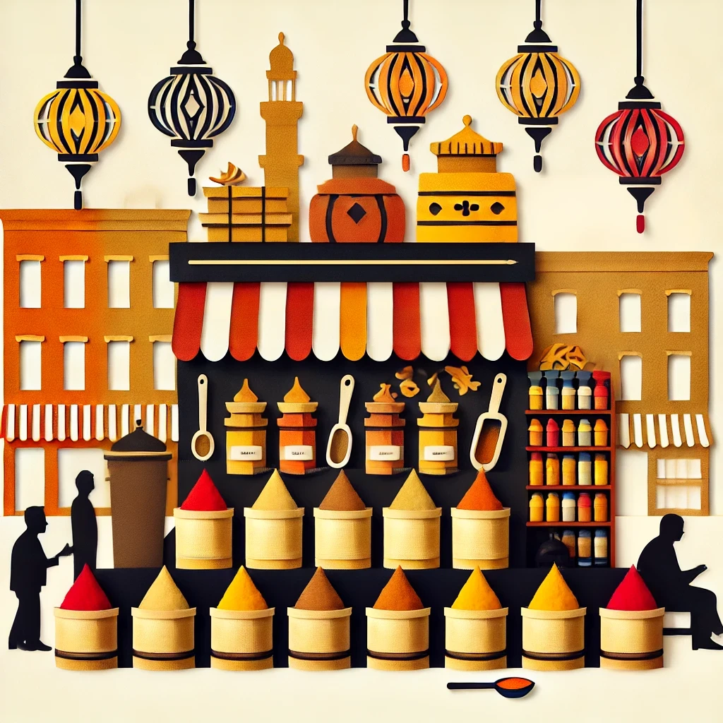 Lanterns hang above a Middle Eastern spice market in NYC