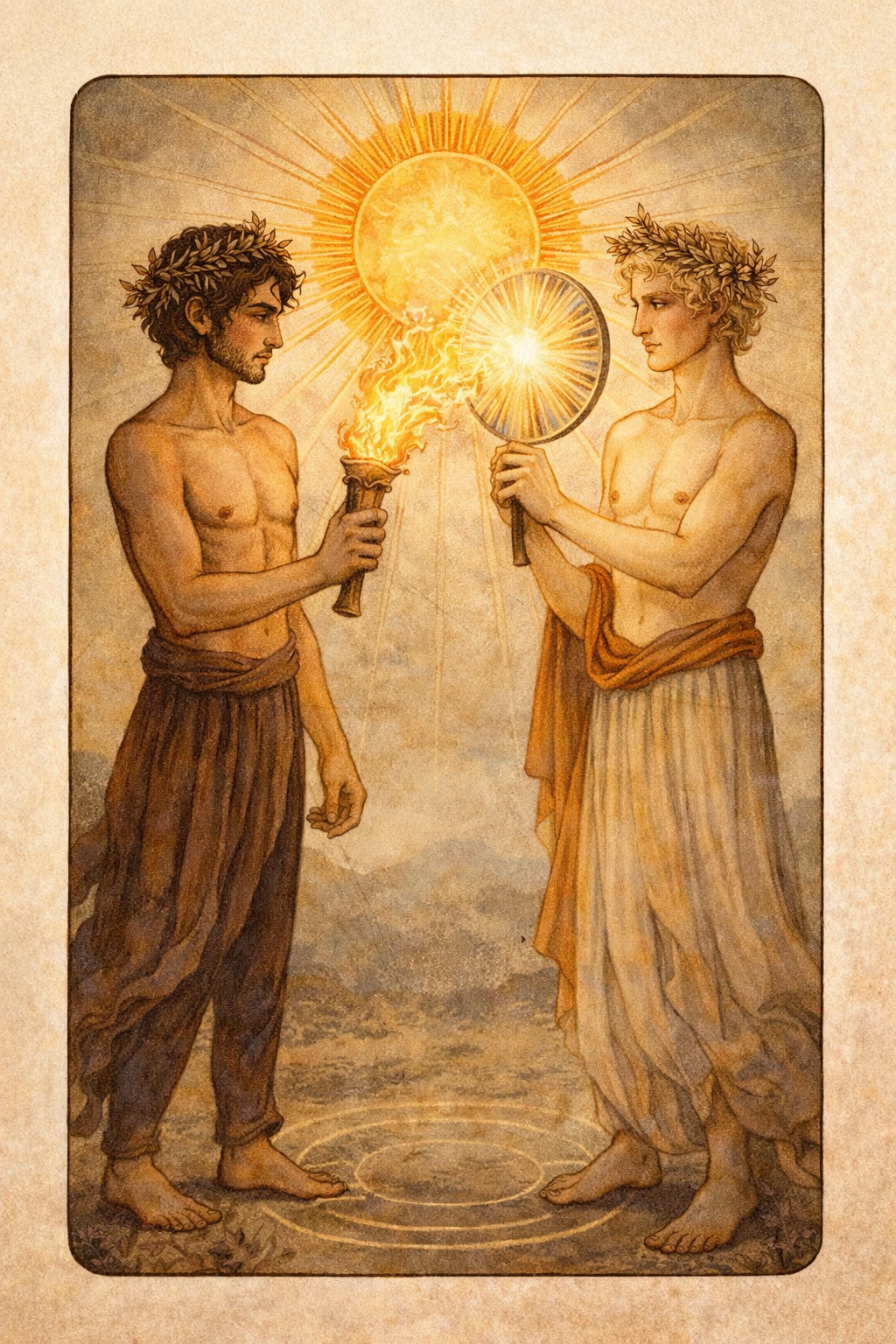 Two men wearing laurel crowns hold a torch and a mirror reflecting the sun's light