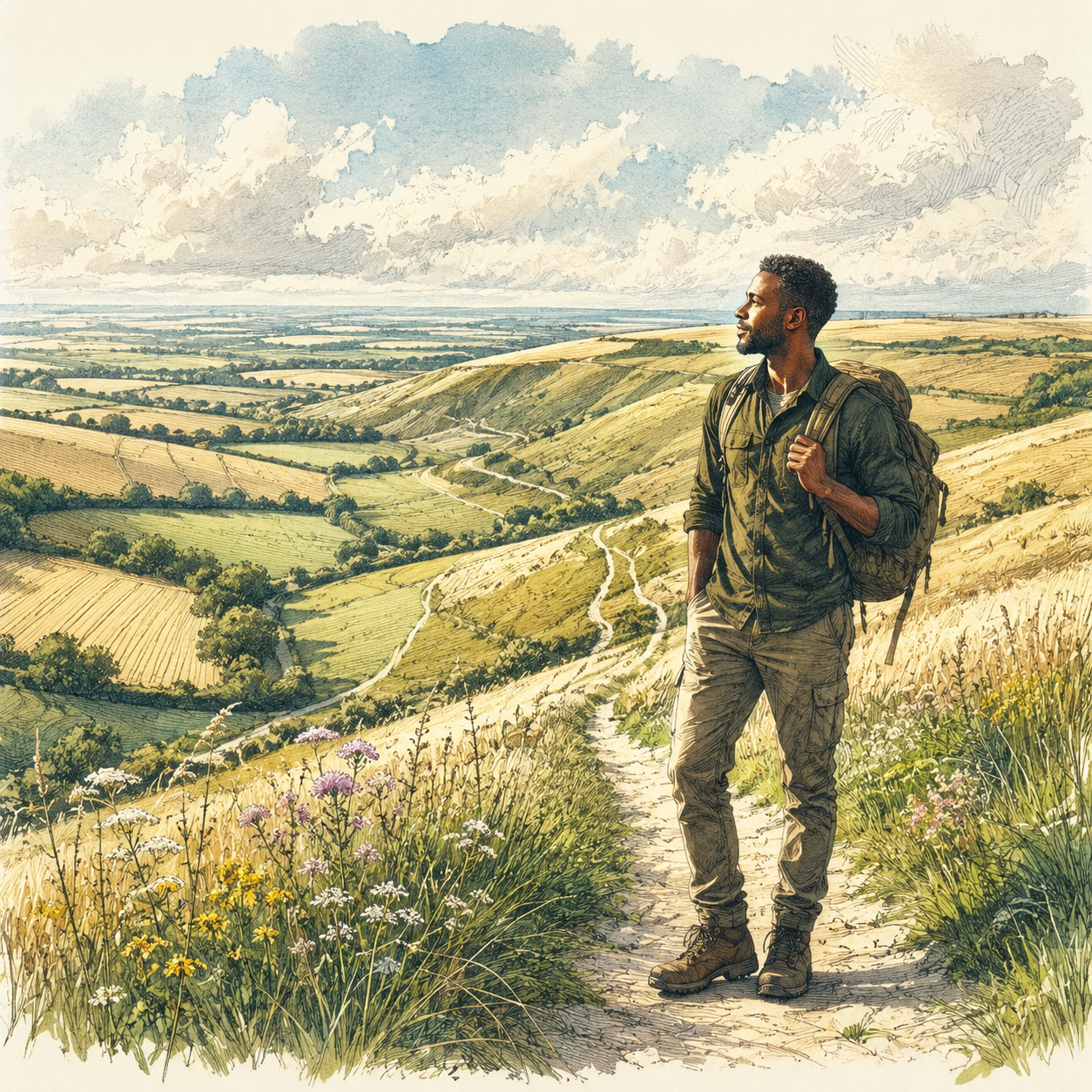 A man on a walking tour stops to admire the green landscape of the UK countryside