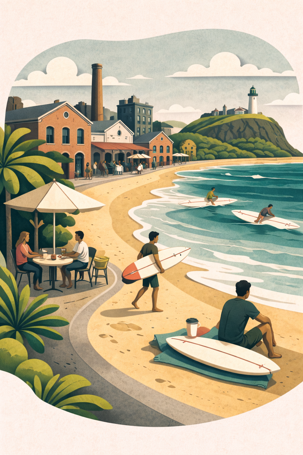 Surfers, businesses along the beach, a lighthouse on a hill and a couple at a cafe in Newcastle, Australia