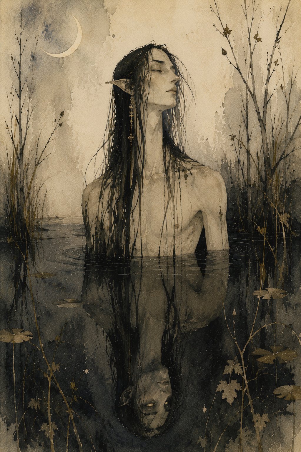 A shirtless elf stands in a pond with plants growing in it