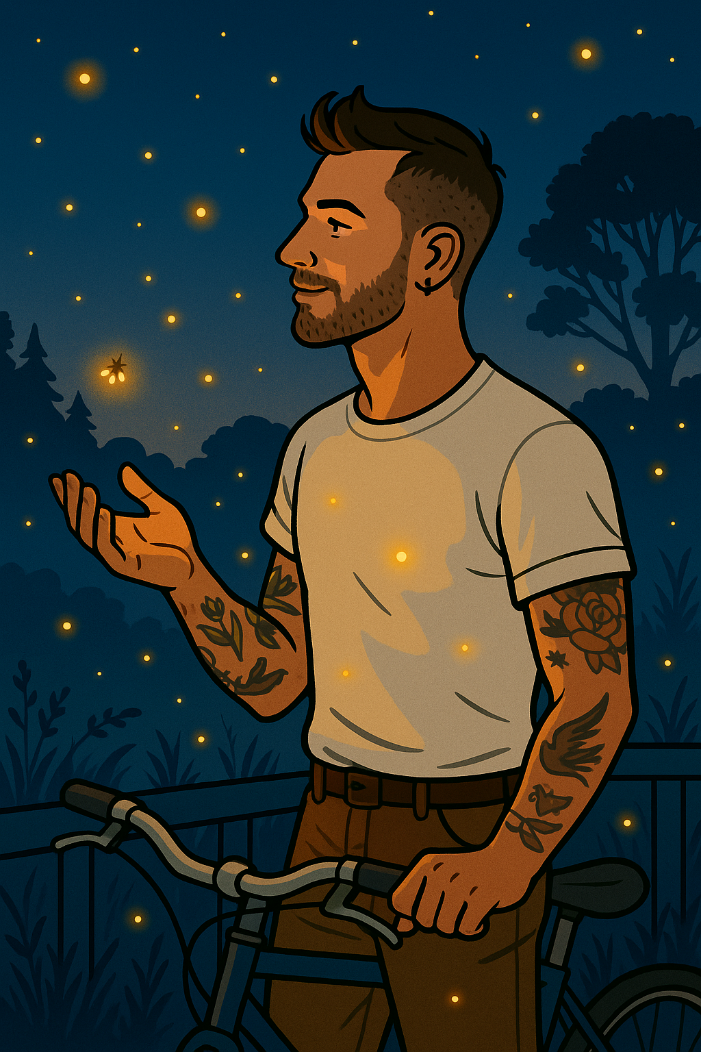 A man with arm tattoos and a bike stands in the twilight, holding out his hand amid a flurry of fireflies
