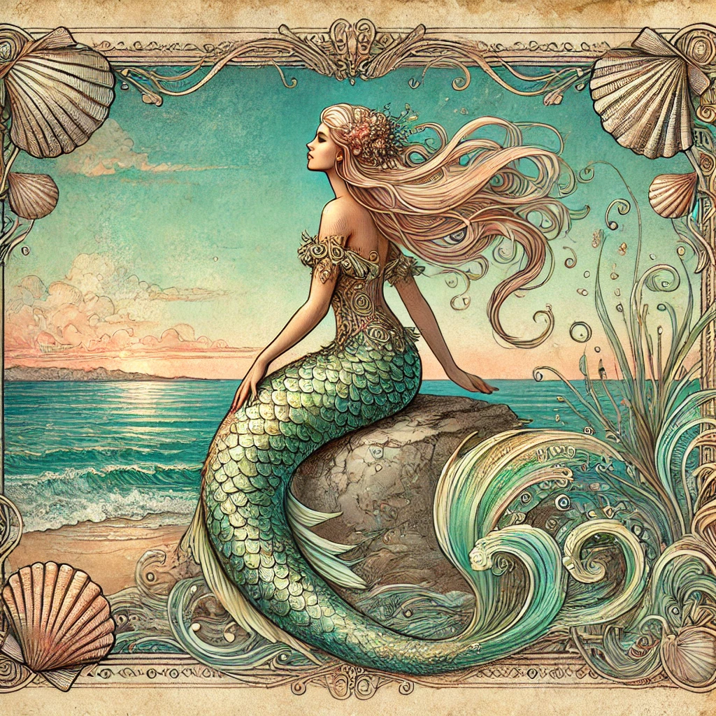 A mermaid sits on a rock by the ocean