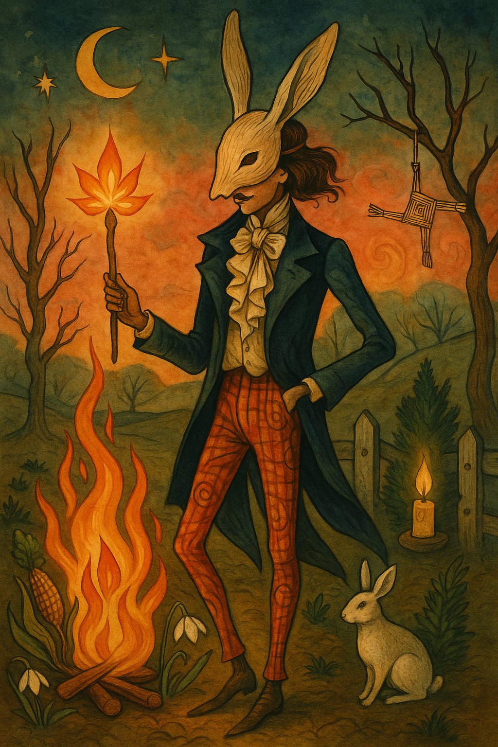 A dandy wearing a rabbit mask stands by a bonfire at night at the Wiccan festival of Ostara