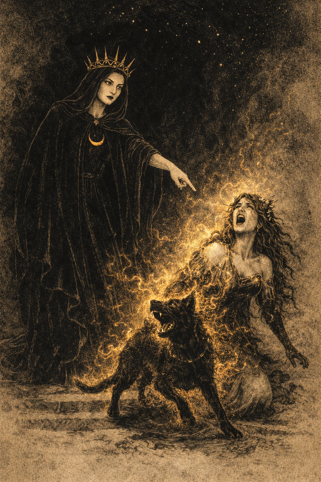 The goddess Hecate turns Hecuba, Queen of Troy, into a black dog