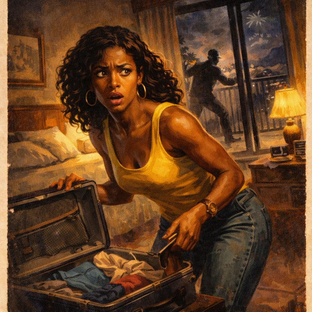 A woman bending over her suitcase is alarmed to find that her passport has been stolen, while the thief escapes off her balcony of her hotel room