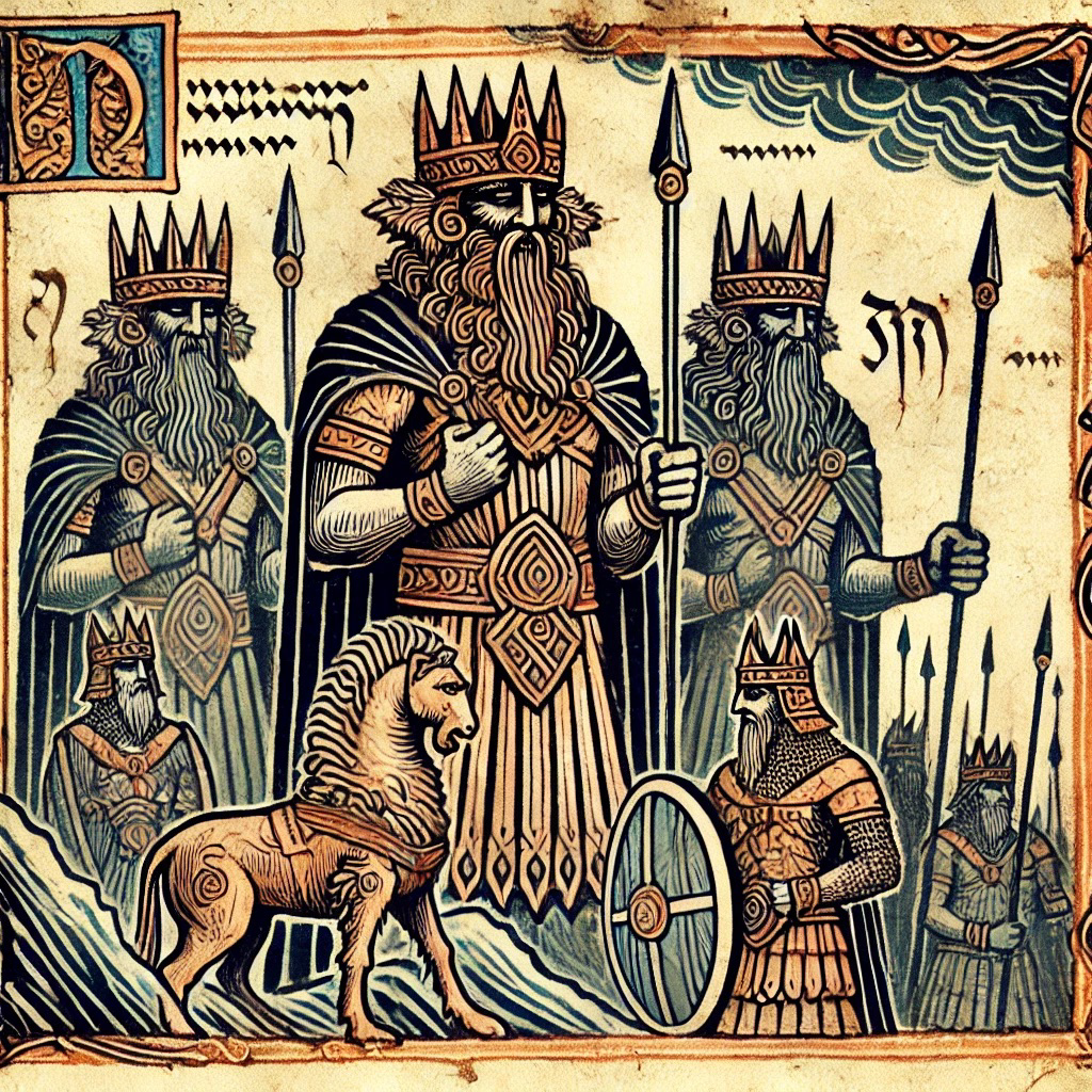 The Nephilim as warrior kings, holding spears, with a horse nearby
