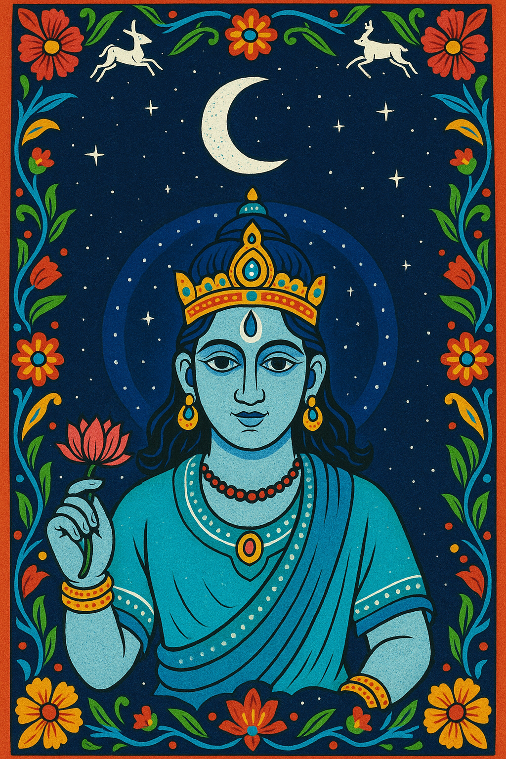 Chandra, the Hindu moon god, under a crescent moon, holding a flower