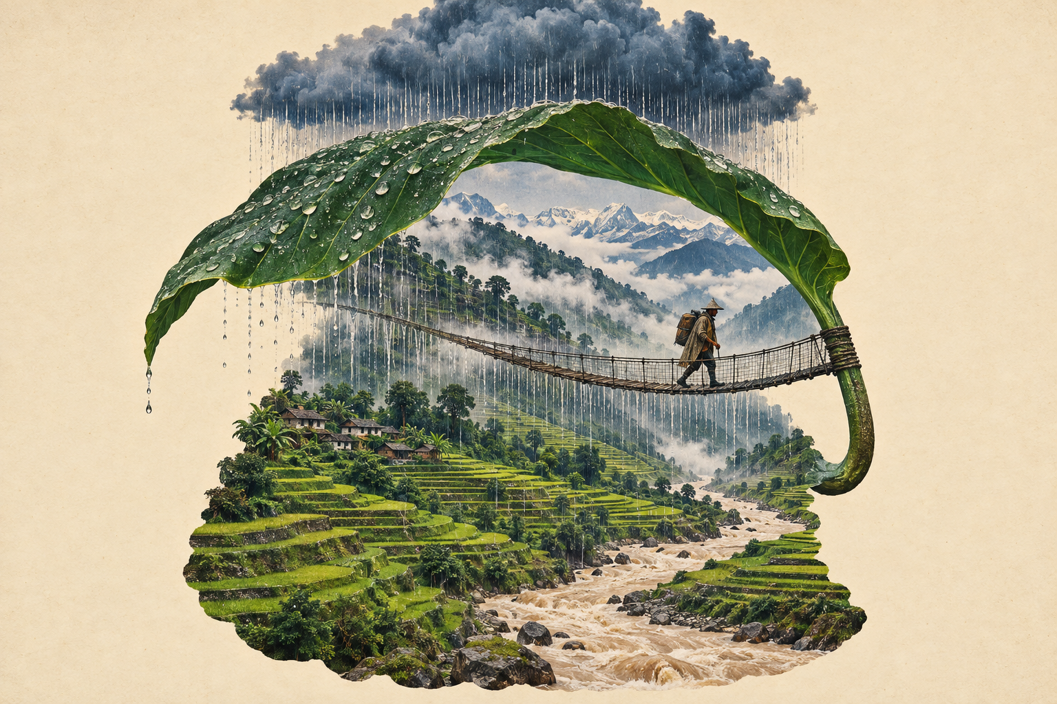 Collage of monsoon season in Nepal, with a trekker crossing a rope bridge, rainclouds, a leaf acting as an umbrella over green terraced fields and a rushing river