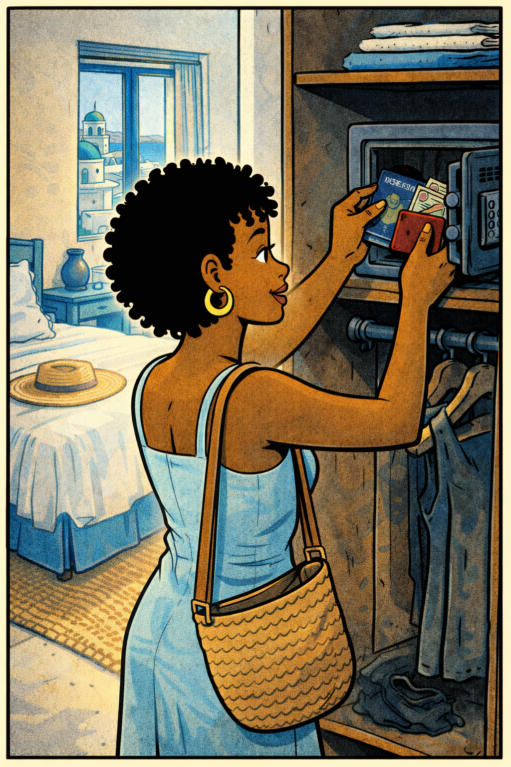 A young woman puts her passport, valuables and money into her hotel room safe on a solo trip to Mykonos, Greece