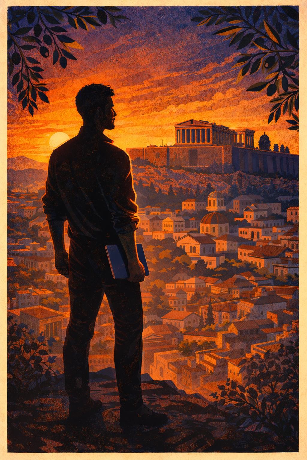 A man stands on a hill overlooking Athens, Greece, at sunset, holding his laptop