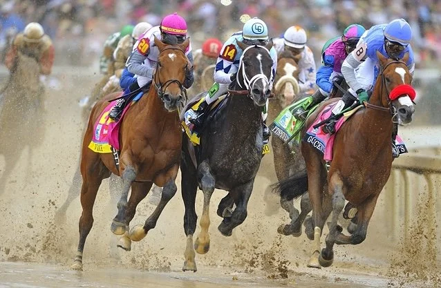 Horses with jockeys race through the dirt at the Kentucky Derby, neck and neck