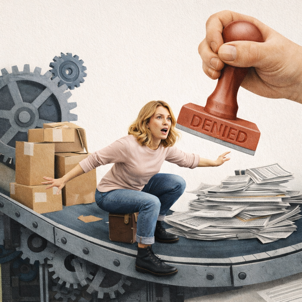 A surprise woman sits on a conveyor belt, with boxes, stacks of paperwork, machine cogs and a giant hand with a stamp reading, "Denied"