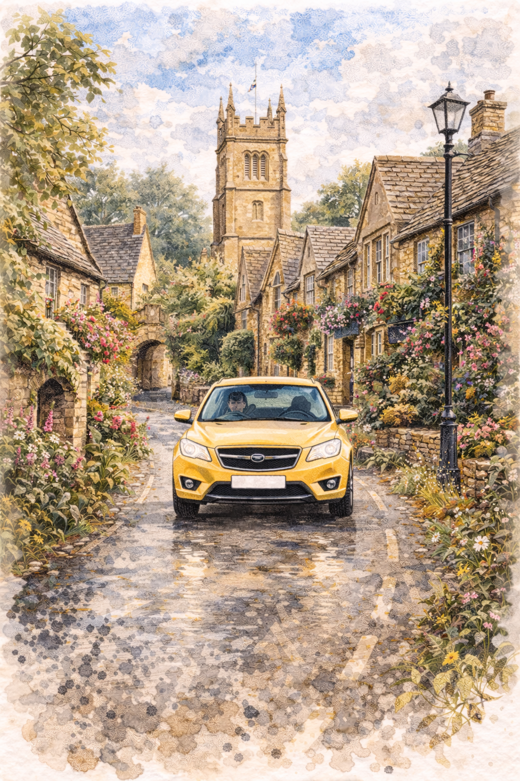 A yellow car drives through a charming Cotswolds village with flowers and warm stone buildings, including a church with a square tower