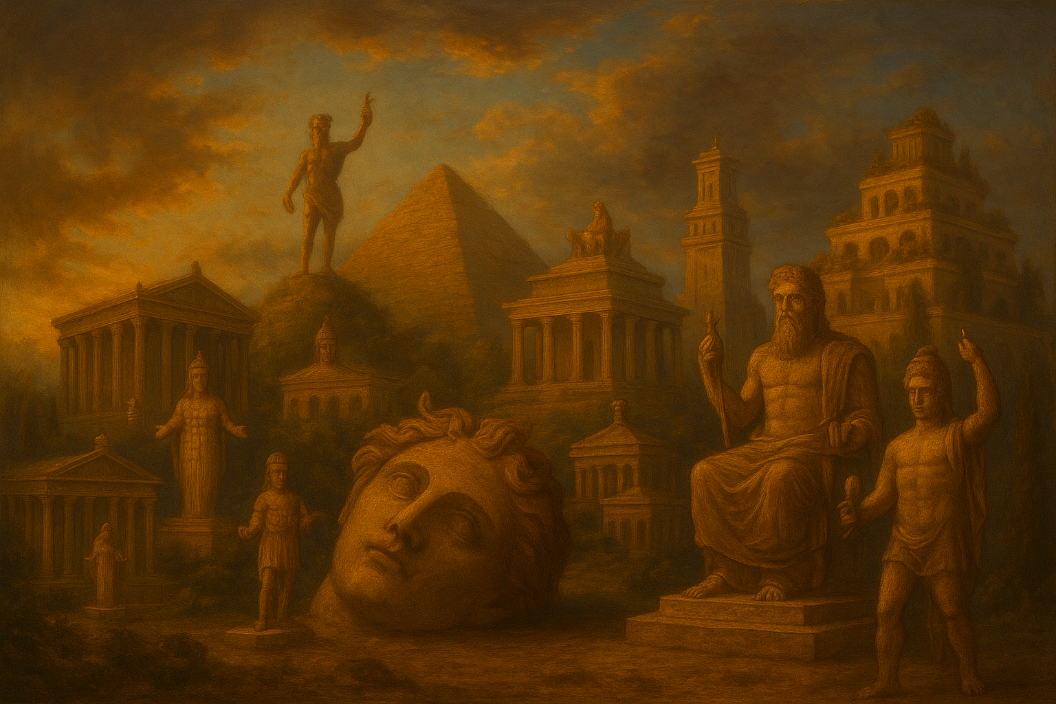 A collection of the Seven Wonders of the Ancient World, including the Pyramid of Giza, Mausoleum, Colossos, Hanging Gardens, statue of Zeus, Alexandria Lighthouse and Temple of Artemis at Ephesus