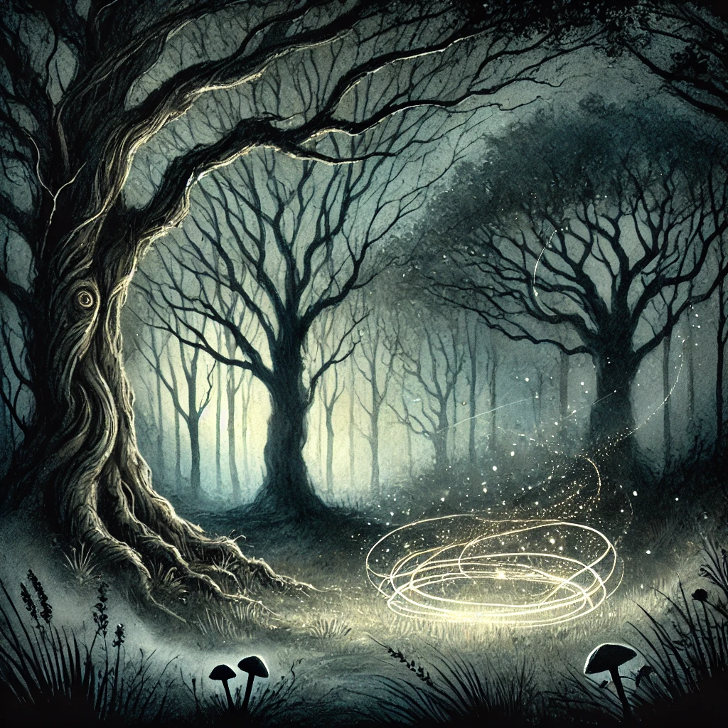 Fairy magic swirls in a forest at night