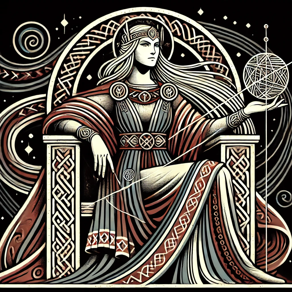 The Norse goddess Frigg sits regally in her throne, weaving fate itself