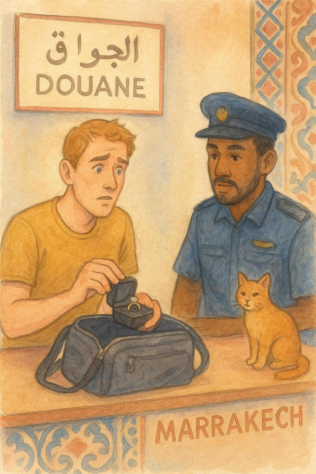 A man nervously shows a Customs agent in Morocco the engagement ring he has brought, while a cat watches on