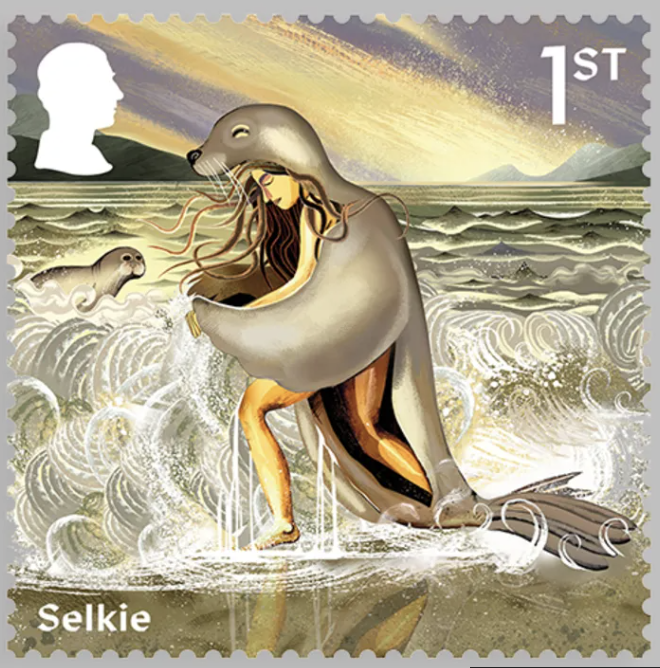A selkie mid-transformation in the waves, half-woman, half-seal in the Royal Mail’s Myths and Legends stamp series