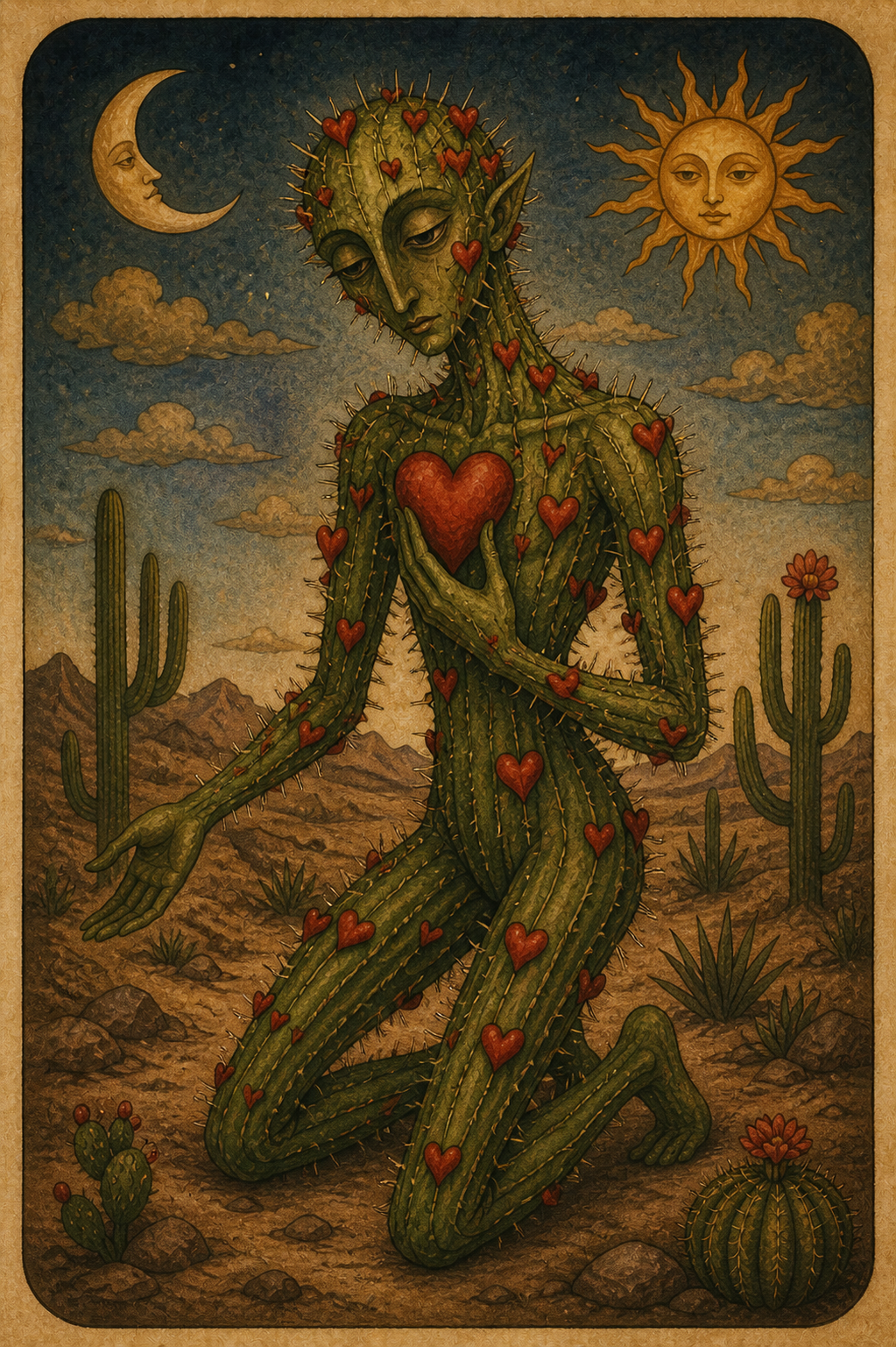 A cactus man knels in the desert under the moon and sun, with hearts stuck onto his needles