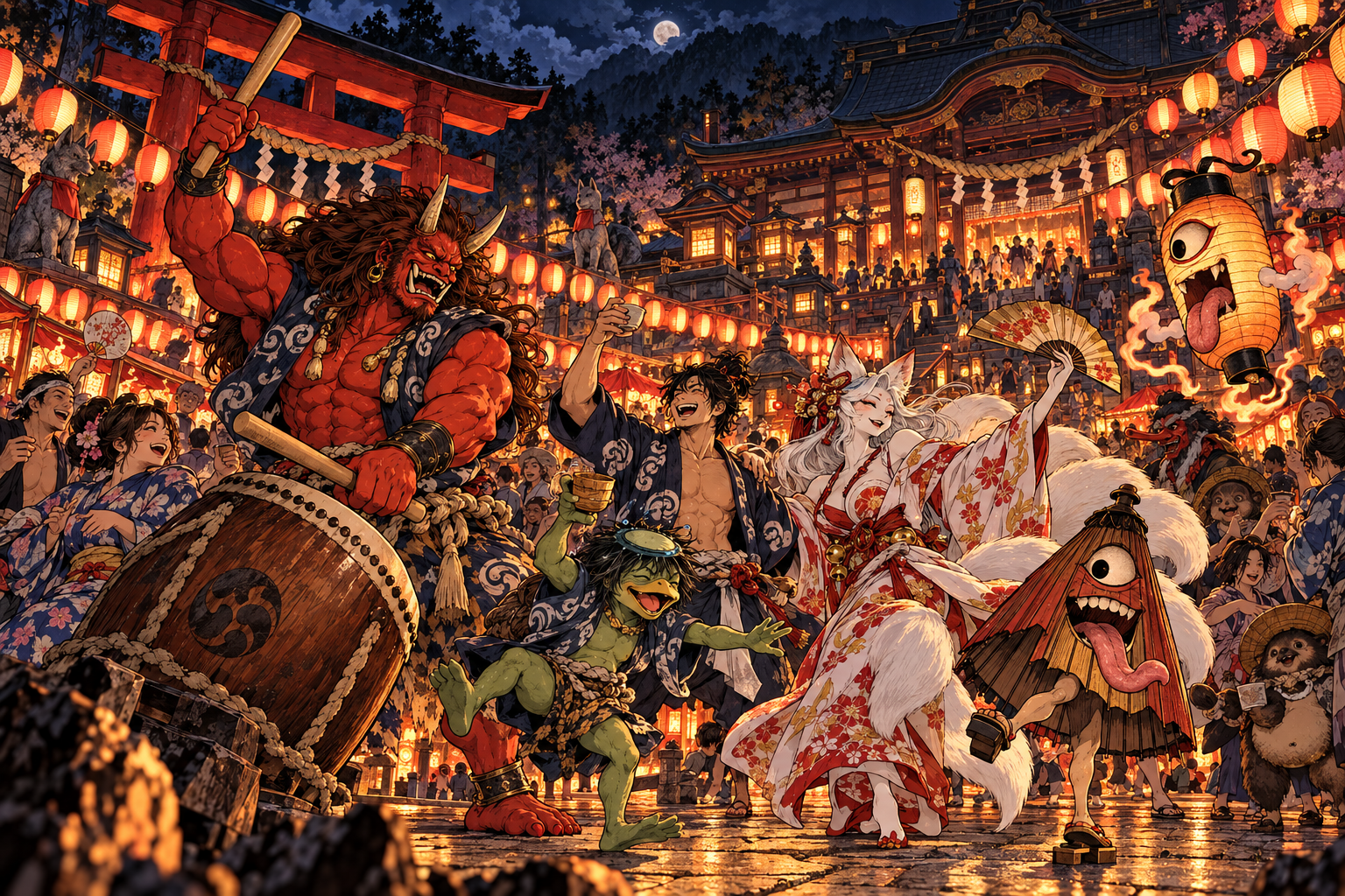 A bunch of different types of demonic and ghostly creatures at a yokai festival at a temple