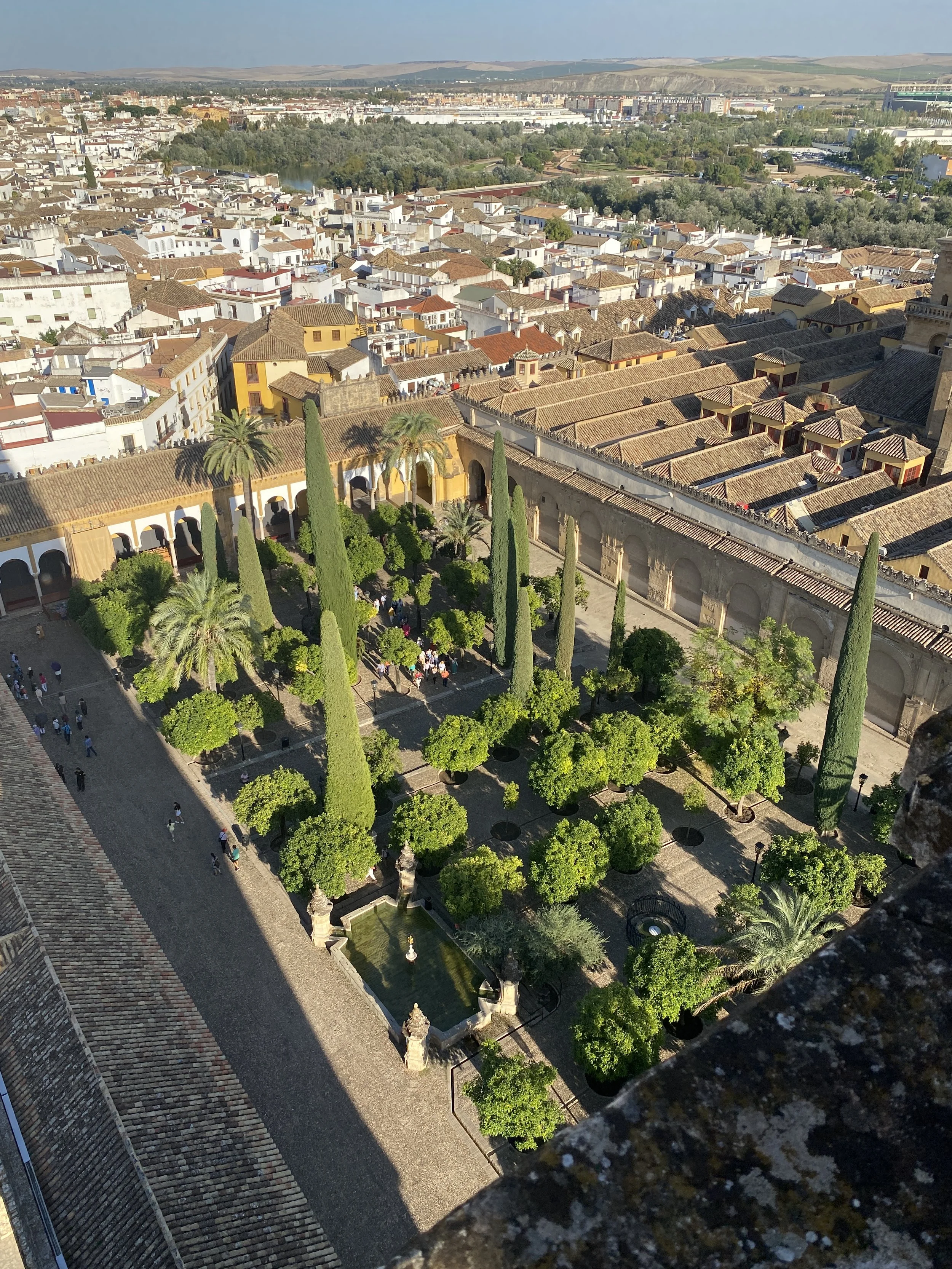Aerial view of the Patio de los Naranjos, La Mezquita and the white buildings of Córdoba, Spain