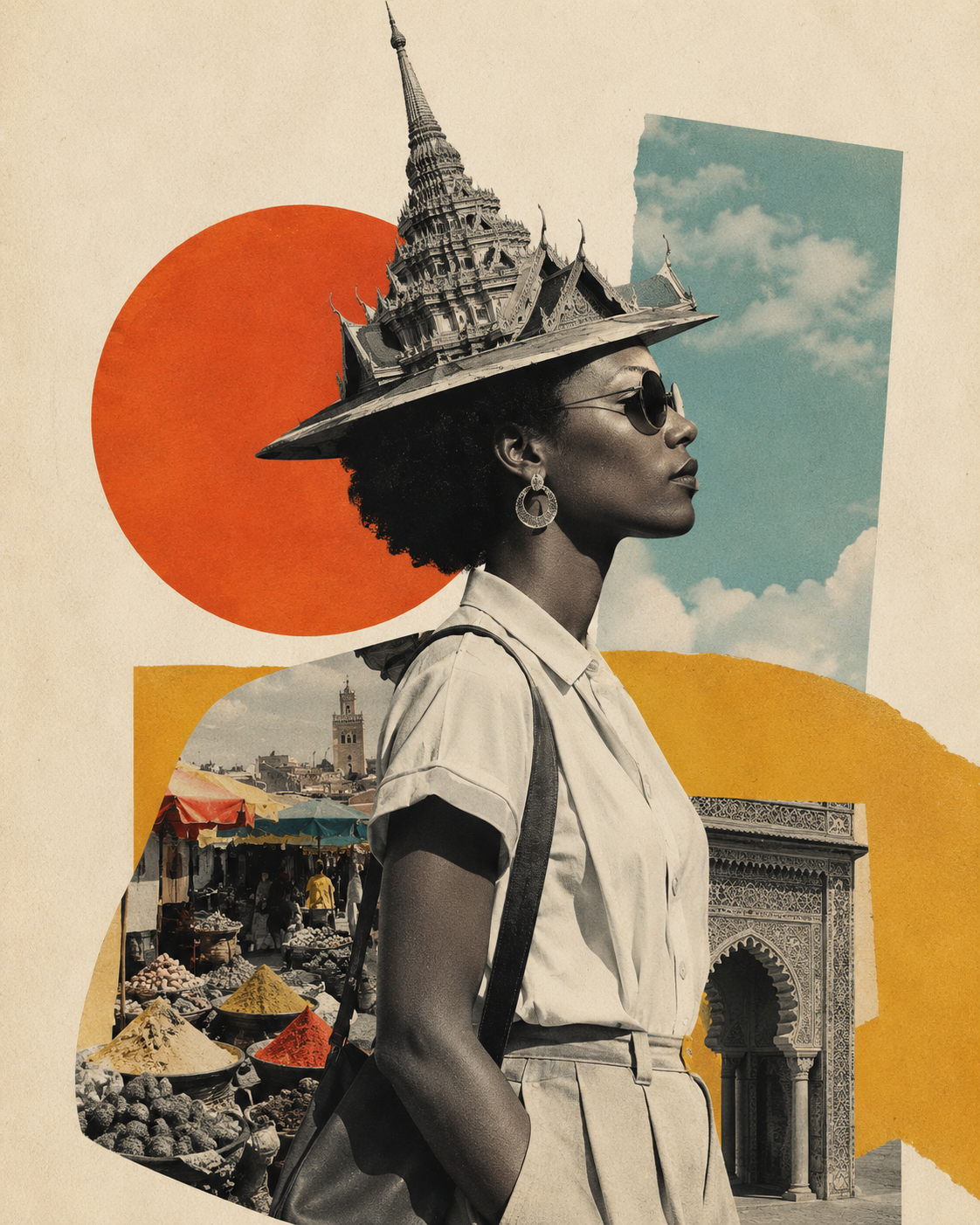 Collage of a woman with a temple as a hat, a spice market as a backpack and an Islamic arch