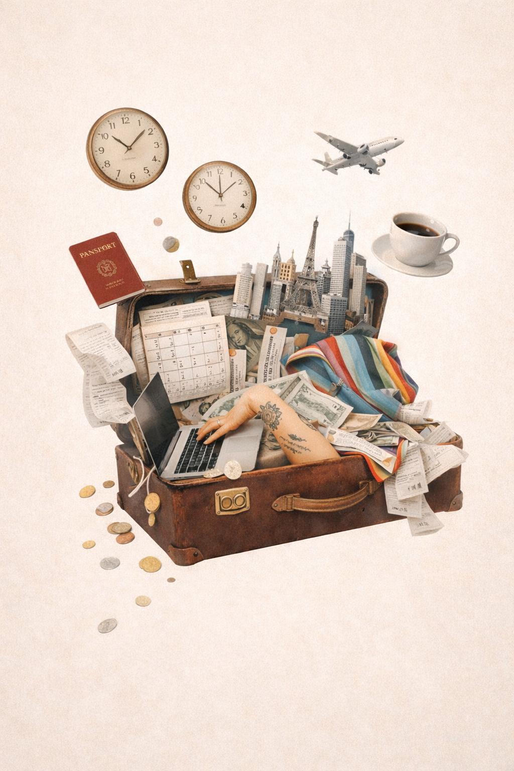 A collage of a suitcase with an arm, laptop, cityscape, calendar, coins, receipts, passport, clocks, plane and coffee cup