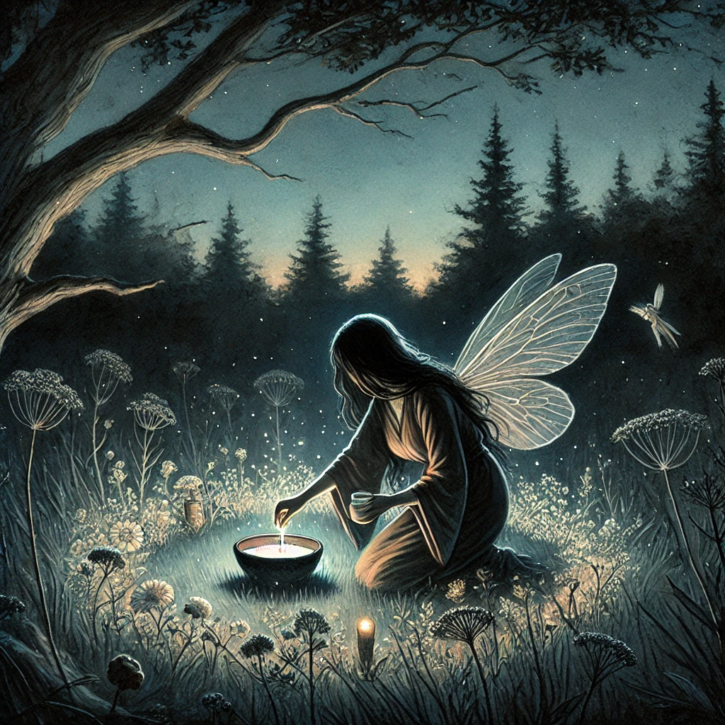 A Wiccan woman wearing fairy wings has a bowl with milk outside, performing a ritual to attract the Fae