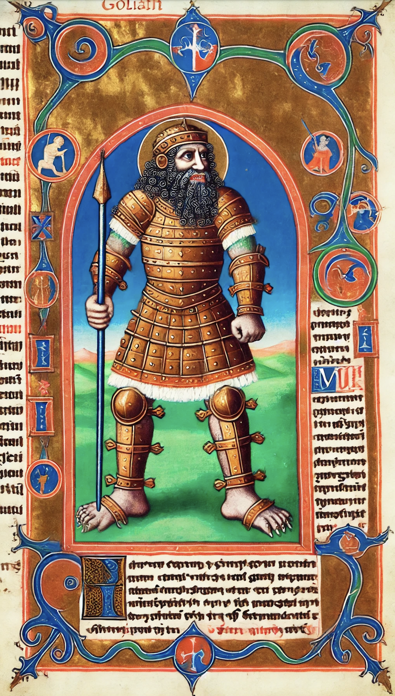 The giant Goliath in armor, holding a spear, in the style of an illuminated manuscript