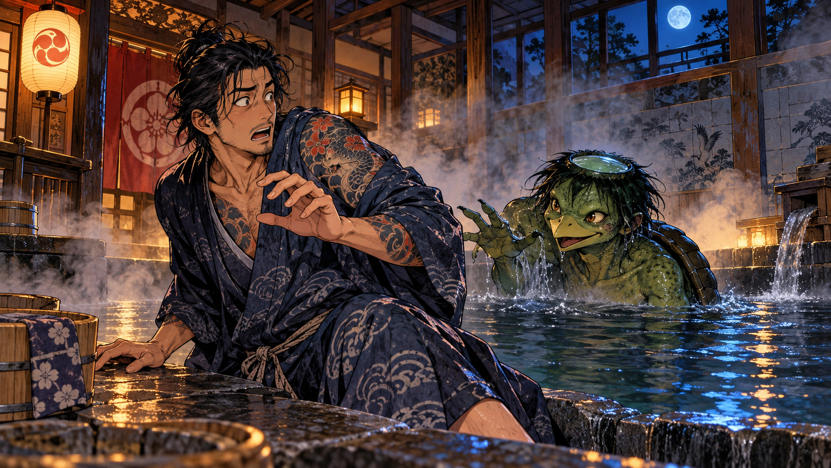 A man is frightened by a turtlelike kappa emerging from the water of a bathhouse
