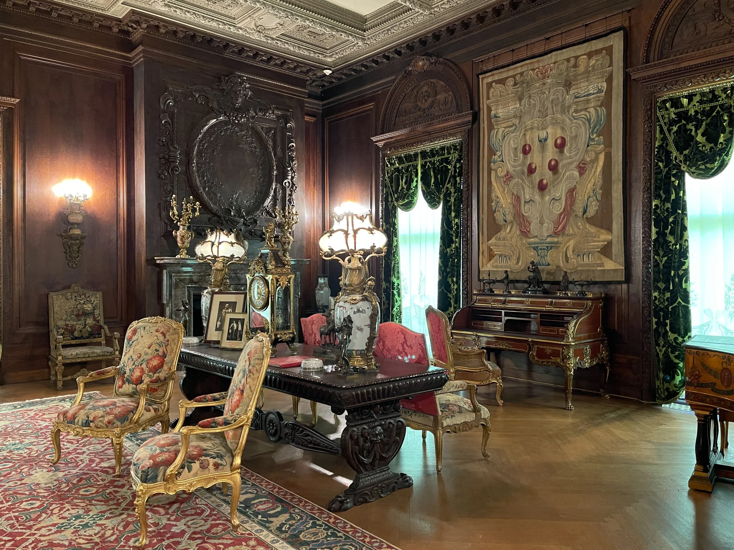 Chairs, console, tapestry and other ornate furniture in the drawing room at Vanderbilt Mansion