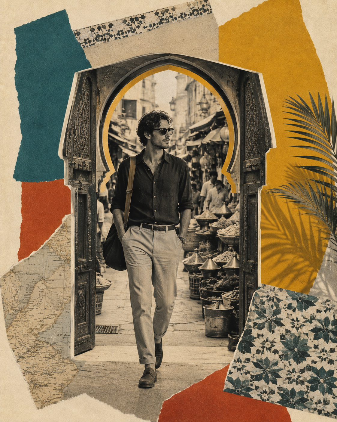 Collage of a man walking through an arch at a souk
