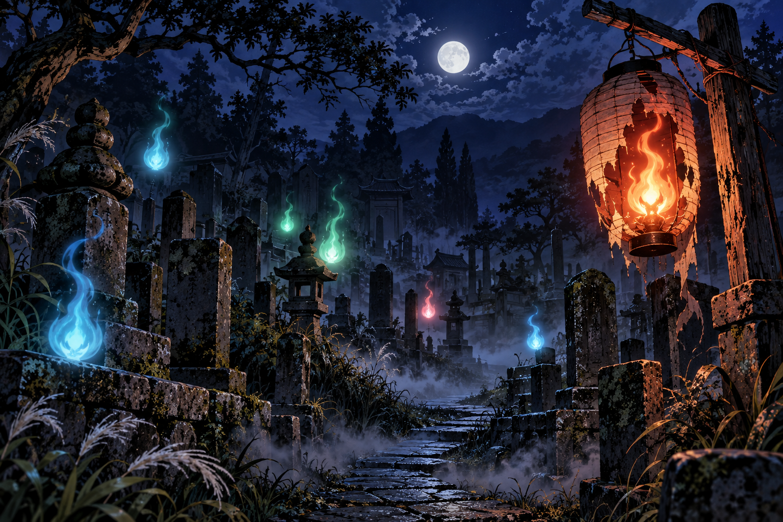 Hitodama, colorful phantom flames, and a haunted lantern shine at a cemetery in the woods at night
