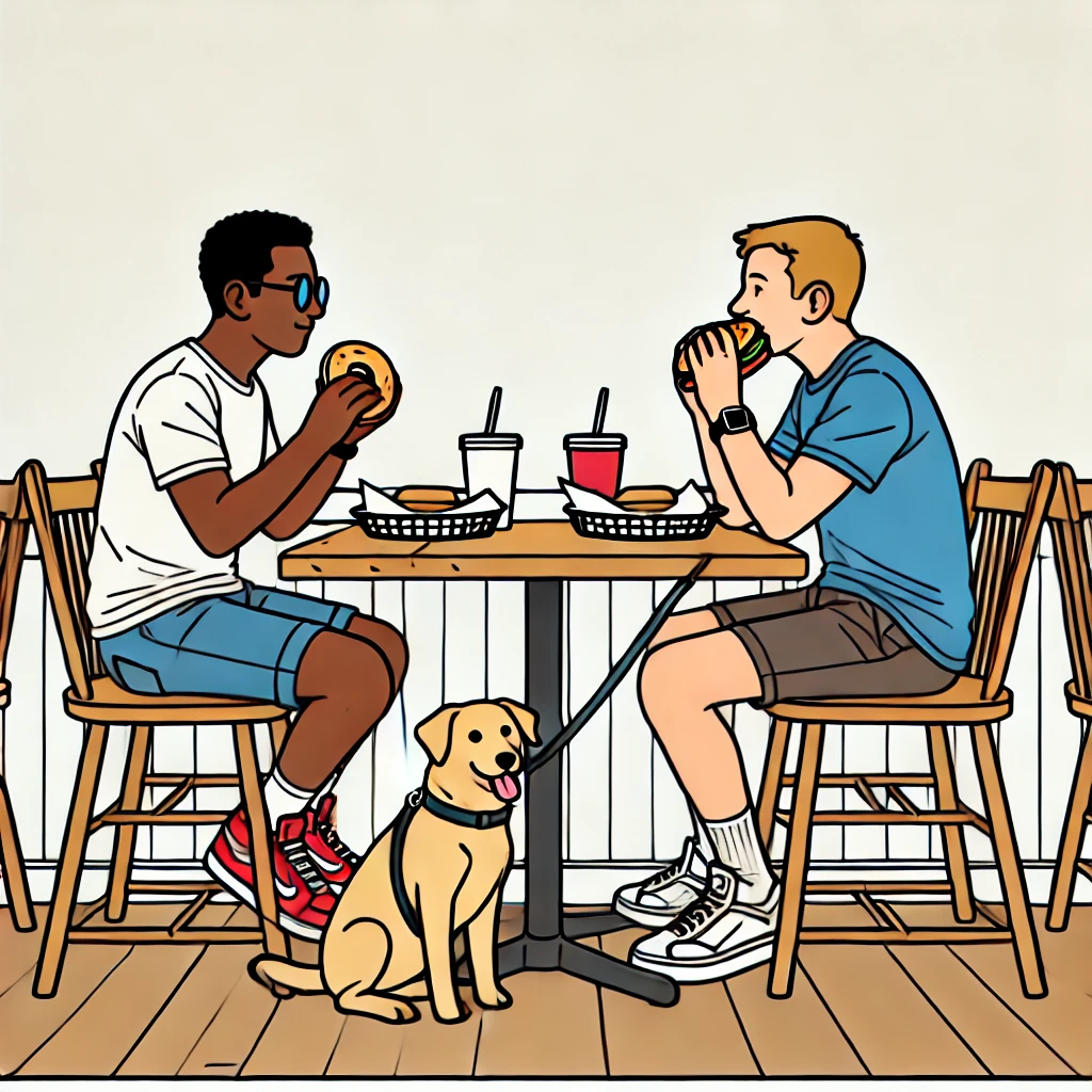 Two men eat at a white-walled cafe with their dog in Hawaii